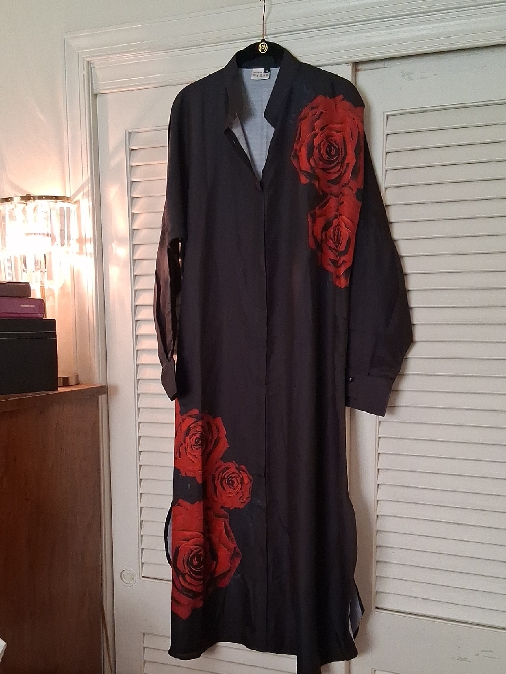 NWOT - BlackBeads Black Long Maxi Shirt Dress with Red Rose Print